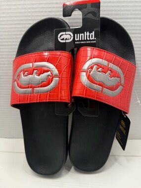Ecko Unltd 3D Logo Red Crocodile-Embossed Strap Open Toe Slide Sandals Men’s 13